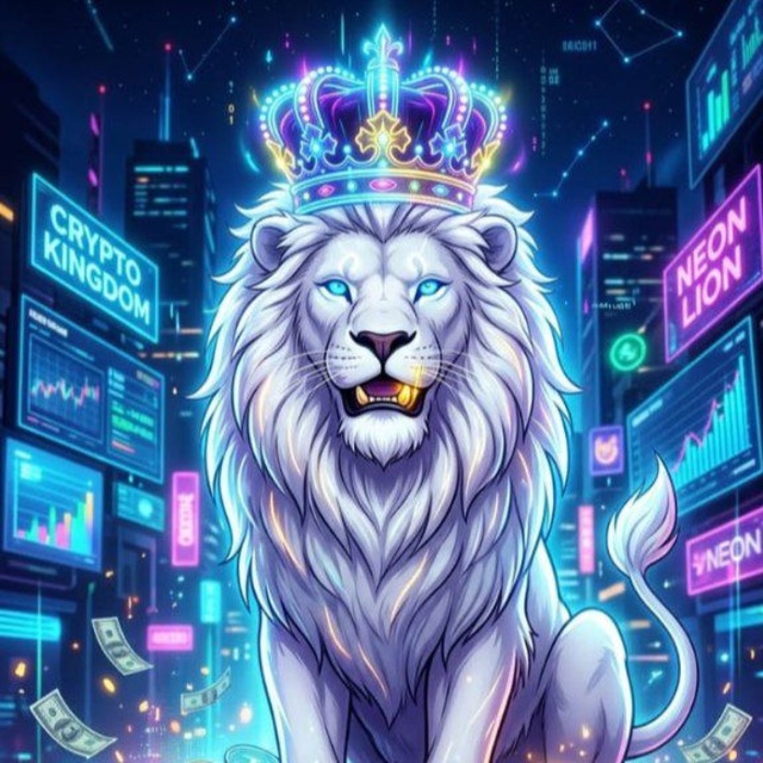 A white lion wearing a glowing crown in a neon city